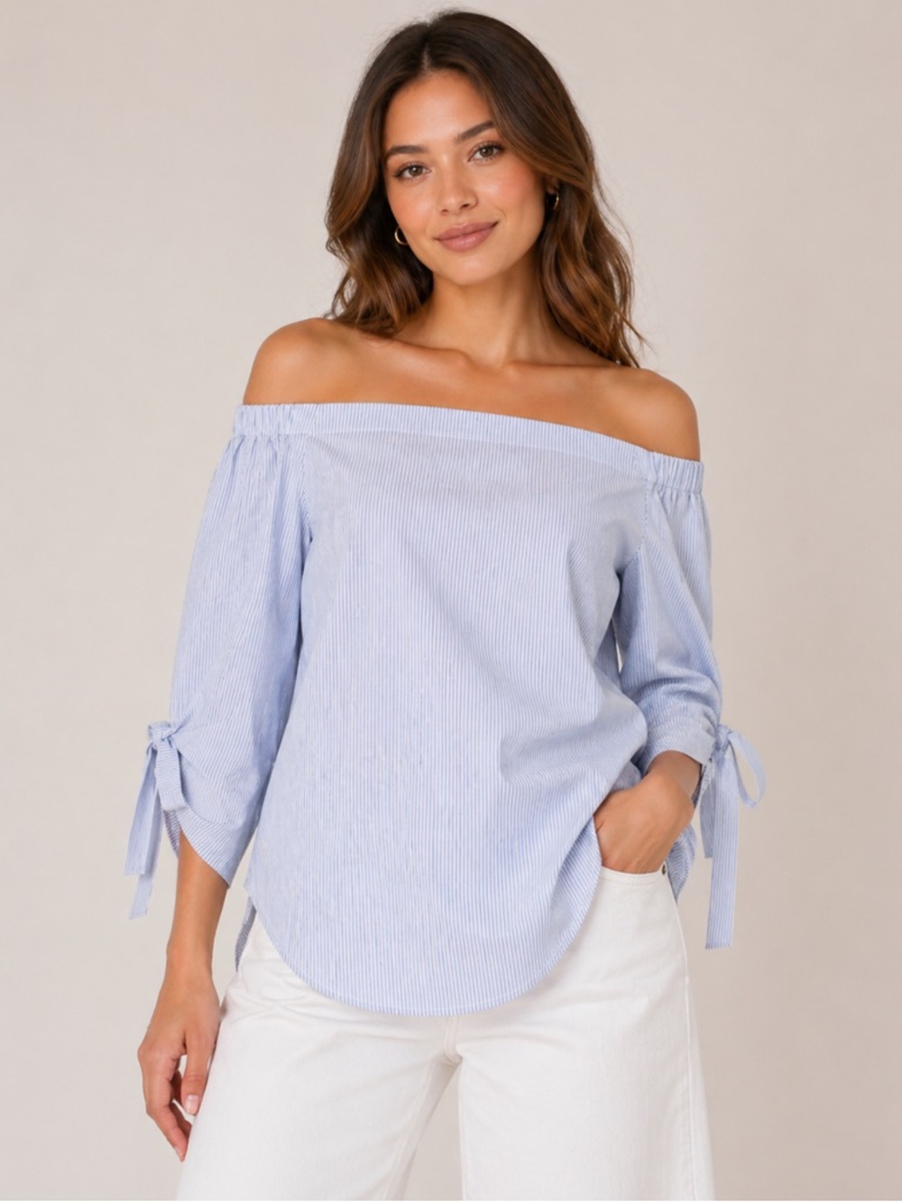 Babaton Pin Stripe Off The Shoulder Blouse  - Aritzia